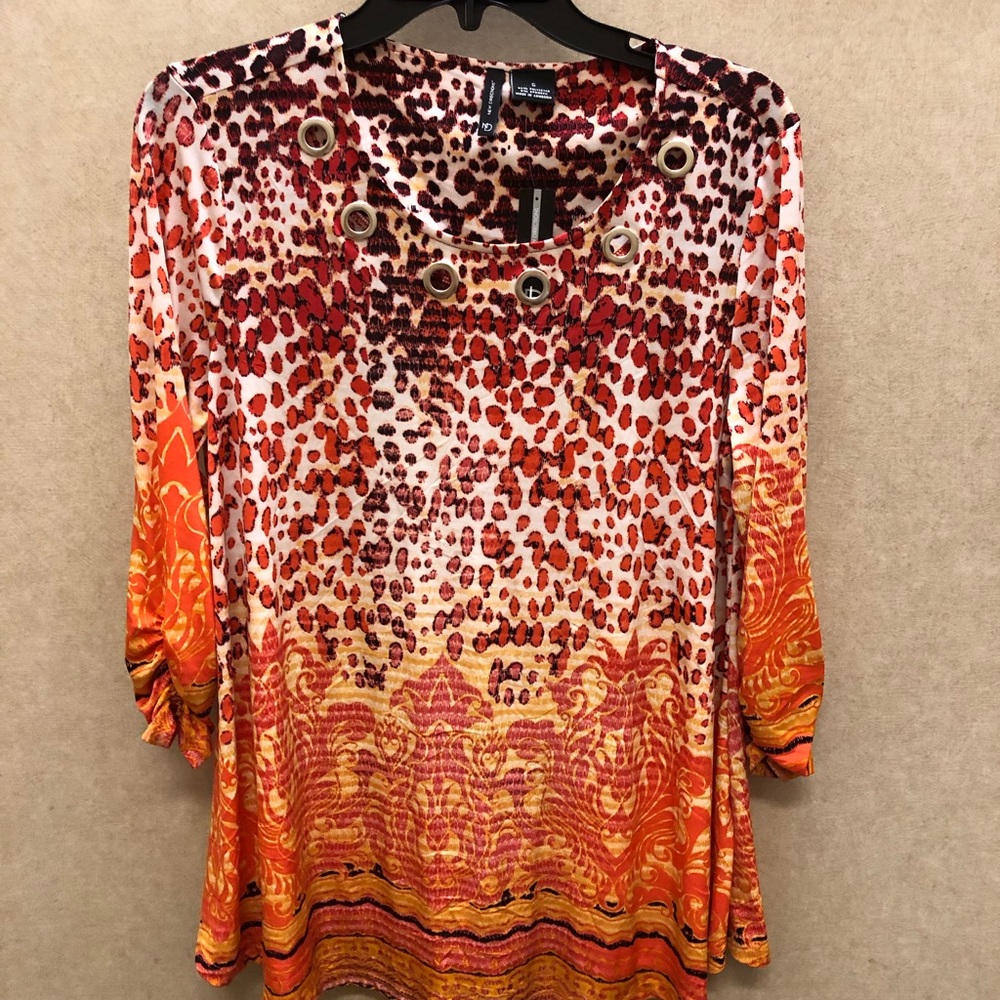 New Directions Orange Animal Print Blouse Small